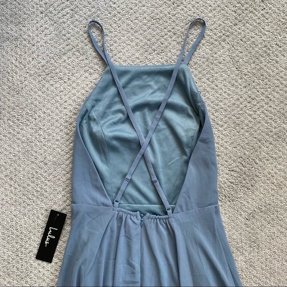New Lulus Dreamy Romance Slate Blue Backless Maxi Bridesmaid Dress - Picture 6 of 13